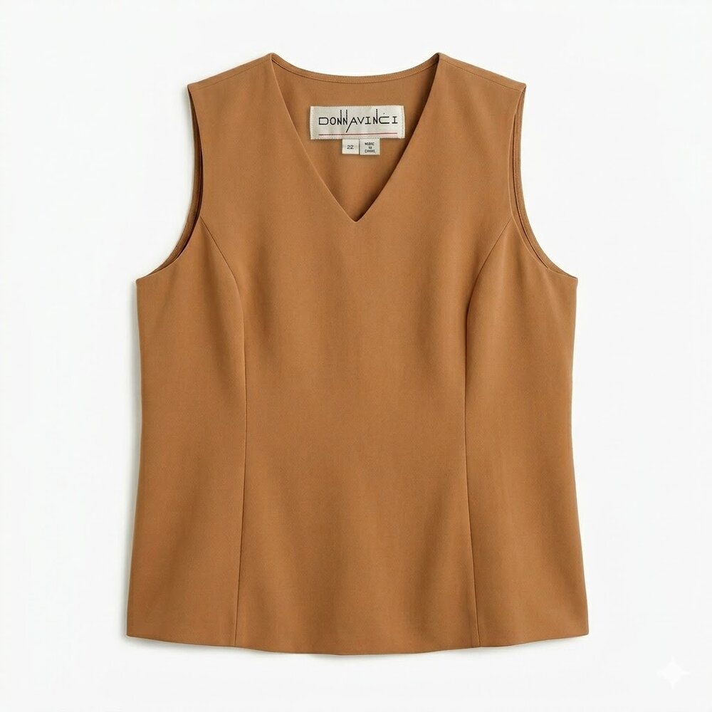 Donna Vinci Women's Camel Brown V-Neck Sleeveless Shell Top Blouse Plus Size 22